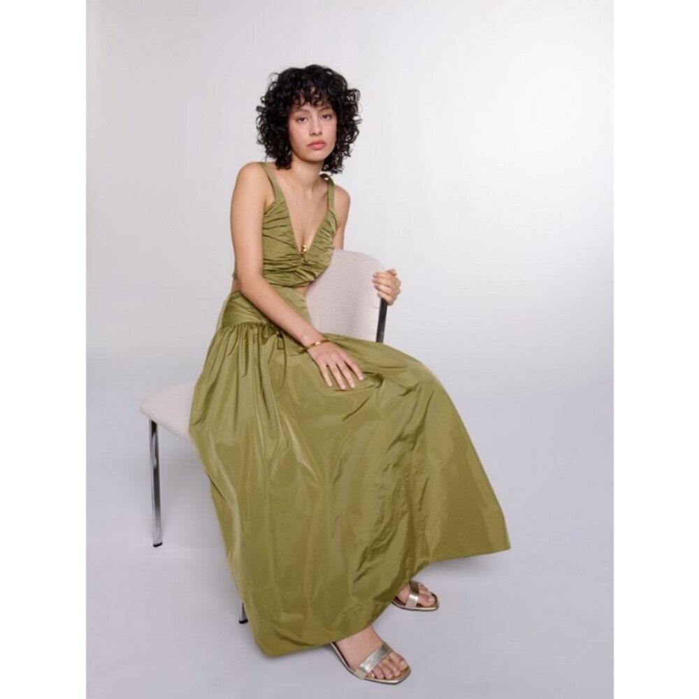 💕MAJE💕 Ruched Cutout Taffeta Dress ~ Kaki Army Green EU 34 NWOT